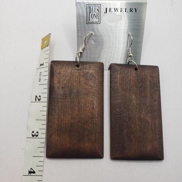 Boho Long Brown Wood Rectangle Block Earrings - Picture 3 of 5